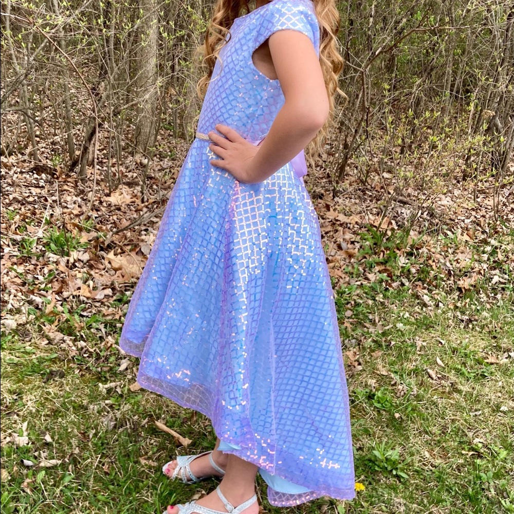Iridescent high low blue sequin dress Size 10 and size 8 available.
